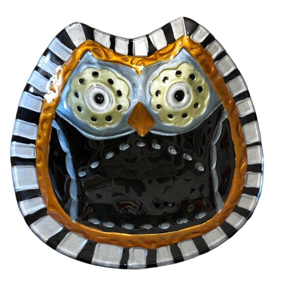 Black Gold Silver Art Deco Modern Owl Fused Iridescent Glass Trinket Bowl Dish - Picture 3 of 4
